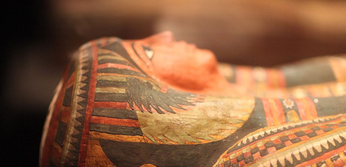 A female mummy with ornamental and decorative drawings