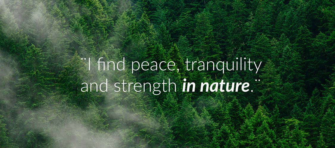 Peace, tranquility and strength in nature quote reflected on tree background